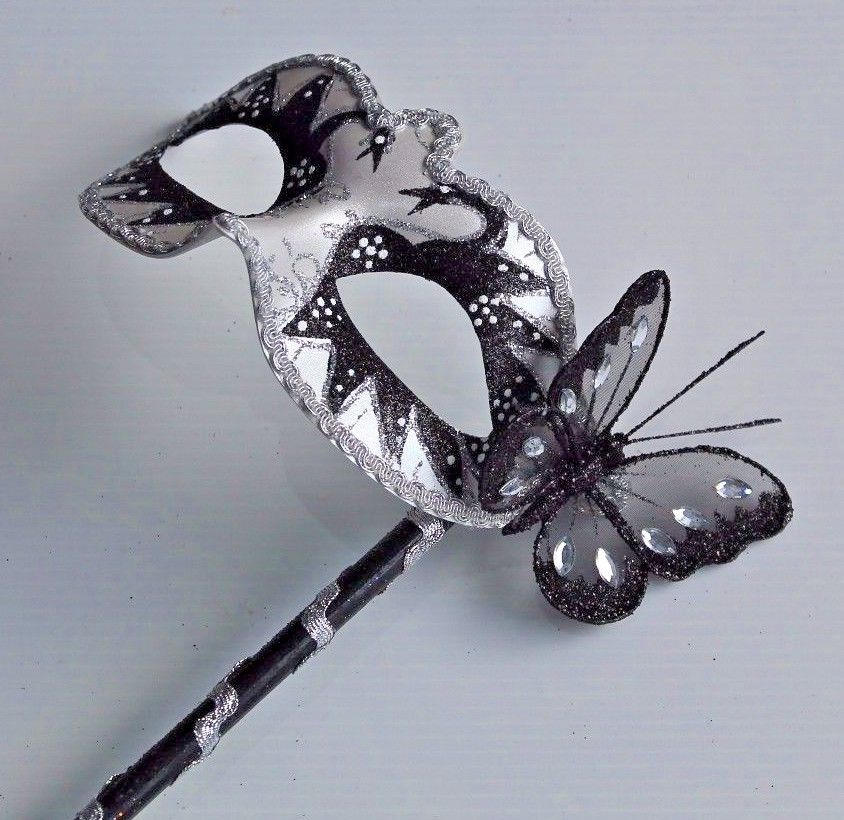Black and White Swan Lake Butterfly Mask on Stick