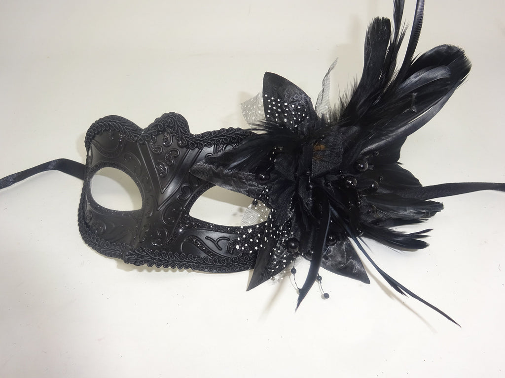 Ladies Black Masquerade Mask with Flower Pearls and Feather Detail