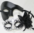 His and Hers Couples Masks in Black and White with Flower