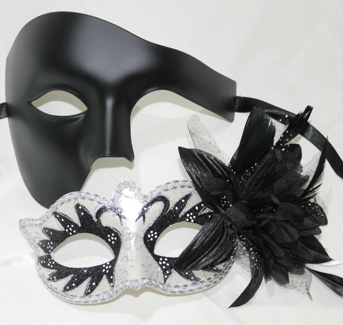His and Hers Couples Masks in Black and White with Flower