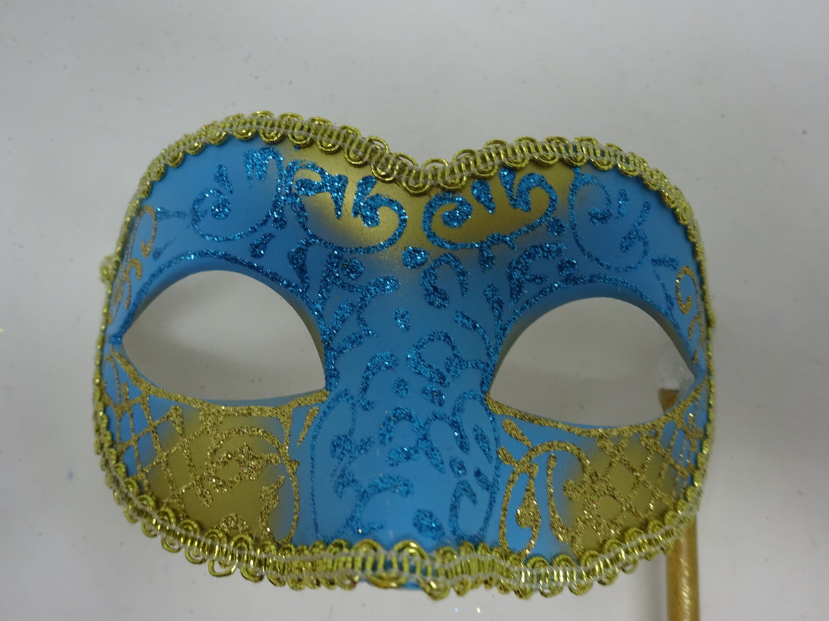 Turquoise Blue and Gold Masquerade Mask Hand Held on a Wooden Stick