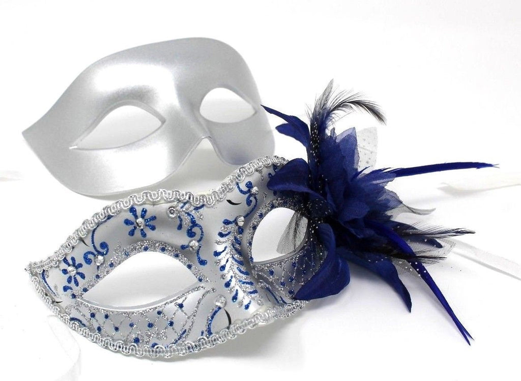 Blue and Silver Flower His and Hers Couple Masquerade Masks