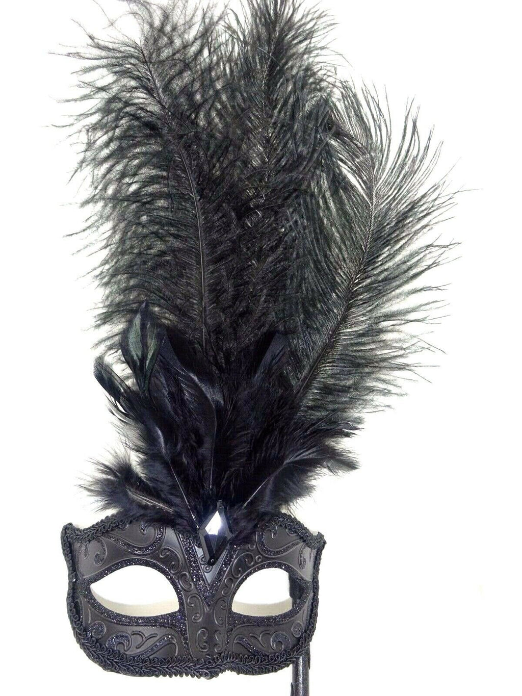 Stunning Black Masquerade Mask with Long Feathers Hand Held on a Stick