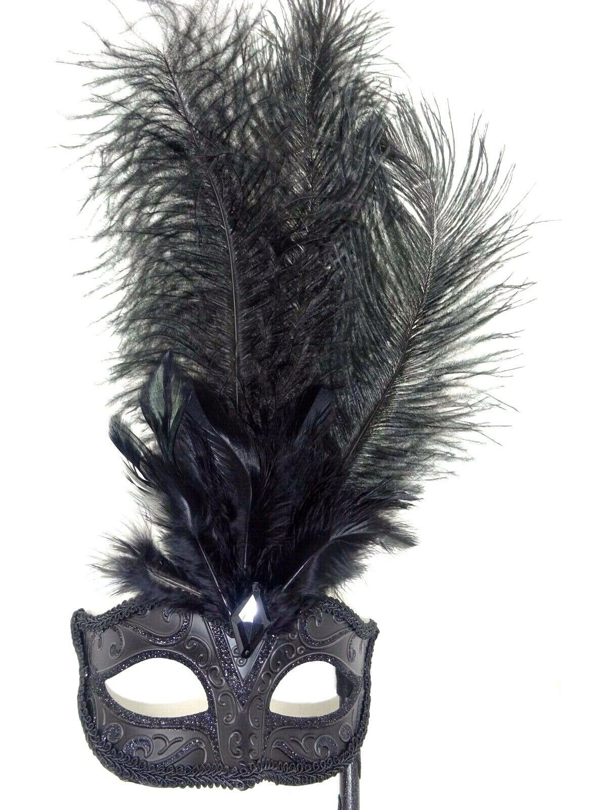 Stunning Black Masquerade Mask with Long Feathers Hand Held on a Stick