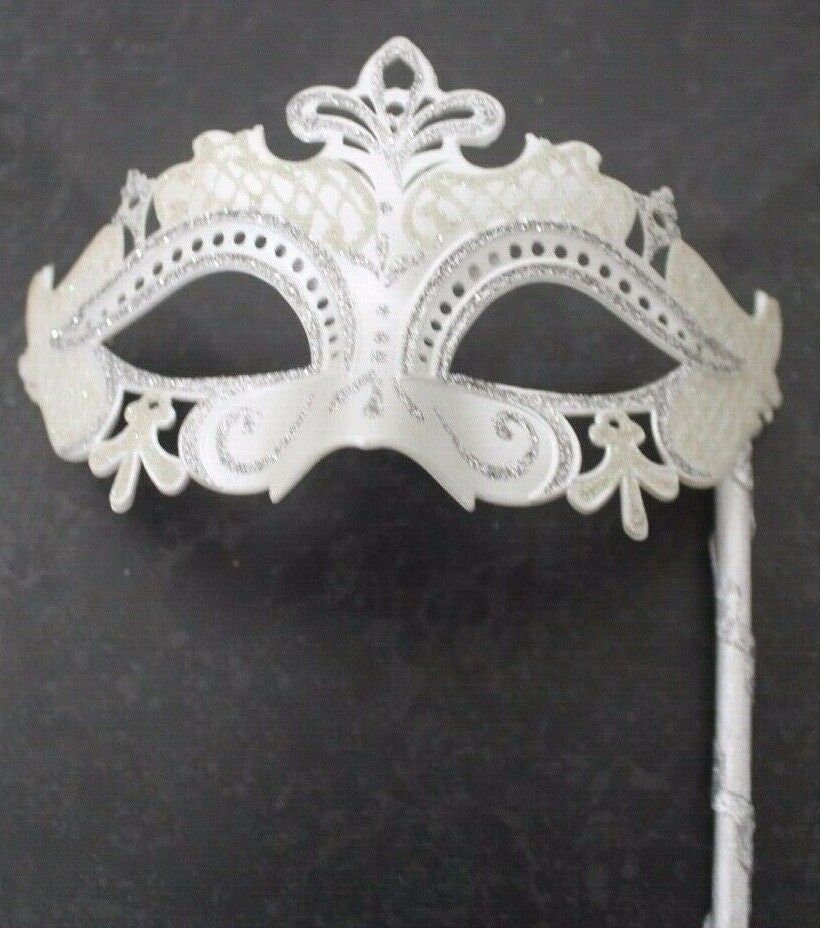 Rialto White and Silver Masquerade Party Carnival Ball Mask Hand Held on a Wooden Stick