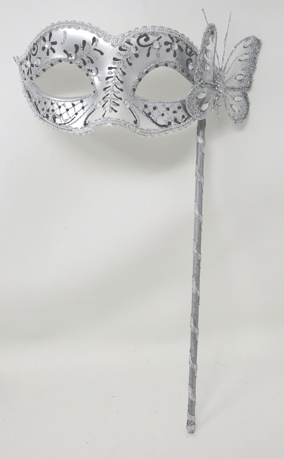 Black and Silver Jewelled Masquerade Prom Party Ball Eye Mask on a Silver Stick with Butterfly Hand Held