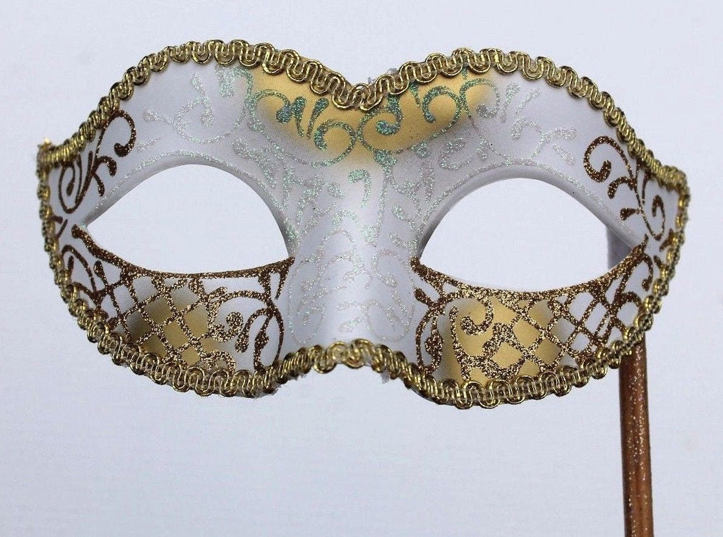 White and Gold Masquerade Mask on a Gold Stick