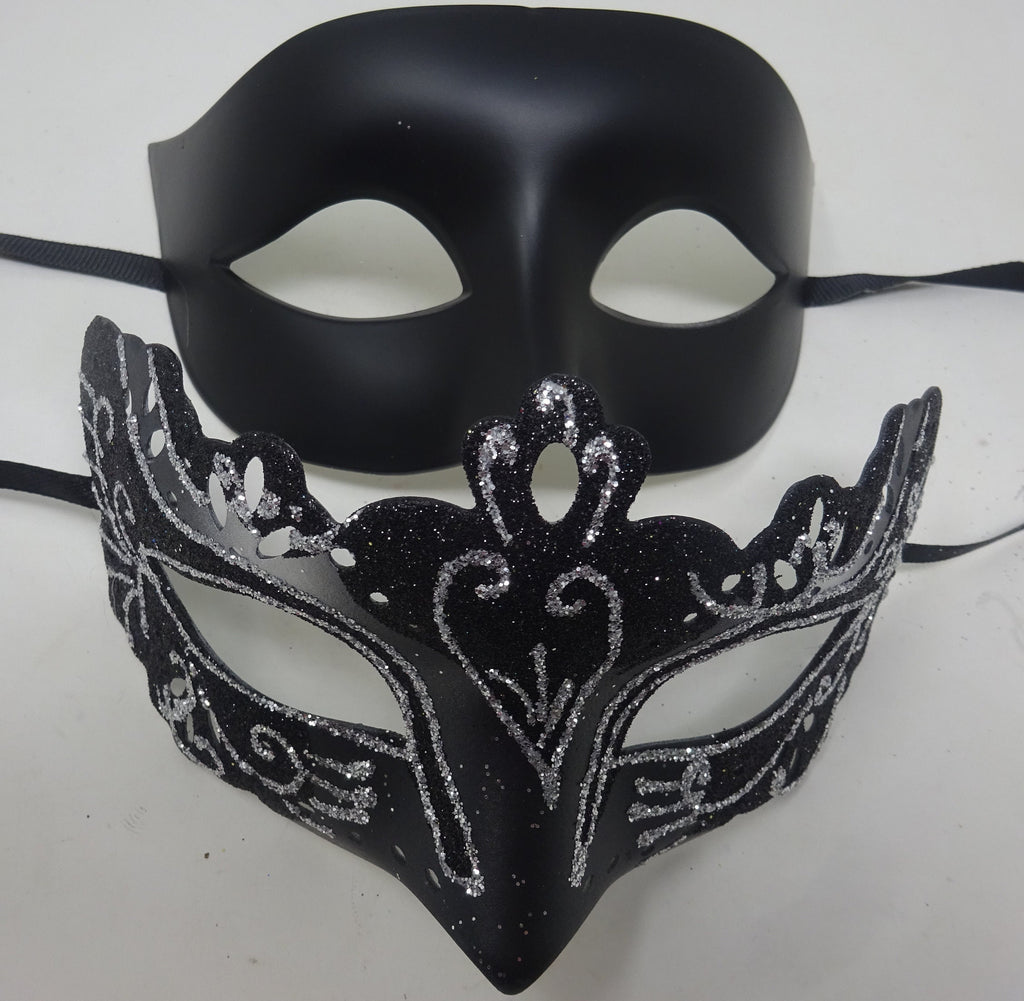 Black and Silver Pair of Male and Female Couples Masquerade Party Ball Prom Masks