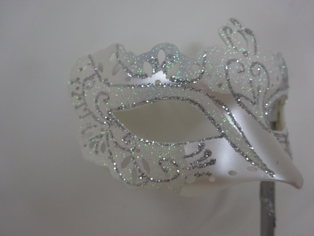 Ladies White and Silver Masquerade Party Carnival Ball Mask Hand Held on a Wooden Stick