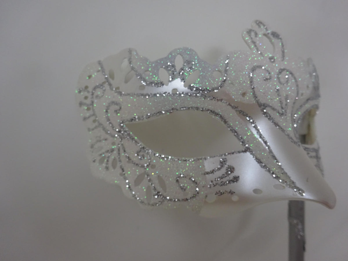 Ladies White and Silver Masquerade Party Carnival Ball Mask Hand Held on a Wooden Stick