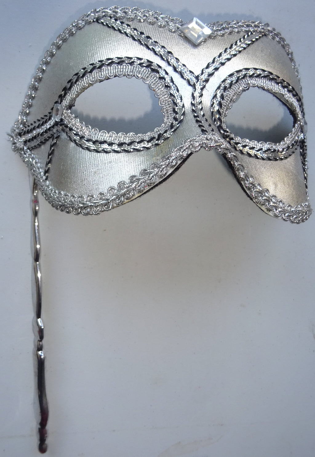 Silver & Black Ladies Masquerade Party Ball Eye Mask Hand Held on a Stick