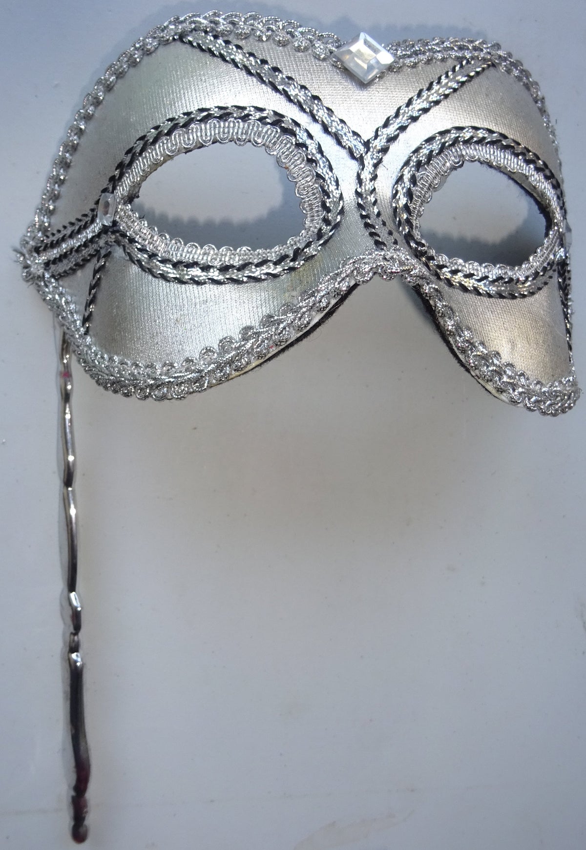 Silver & Black Ladies Masquerade Party Ball Eye Mask Hand Held on a Stick