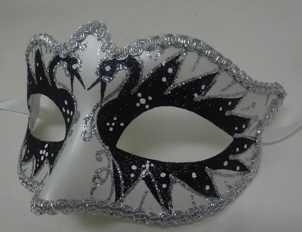 Black and Pearlised White Swan Lake Design Glitter Masquerade Mask