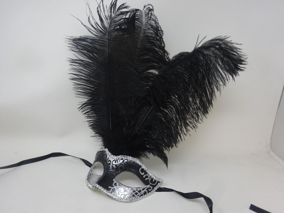 Stunning Black and Silver Long Black Feather Venetian Masquerade Prom Ball Eye Mask