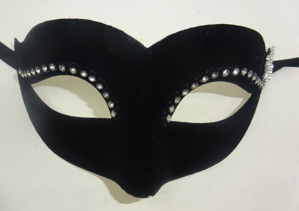 Small Ladies Delicate Velour Diamonte Black Masquerade Ball Carnival Mask with a Silver Butterfly