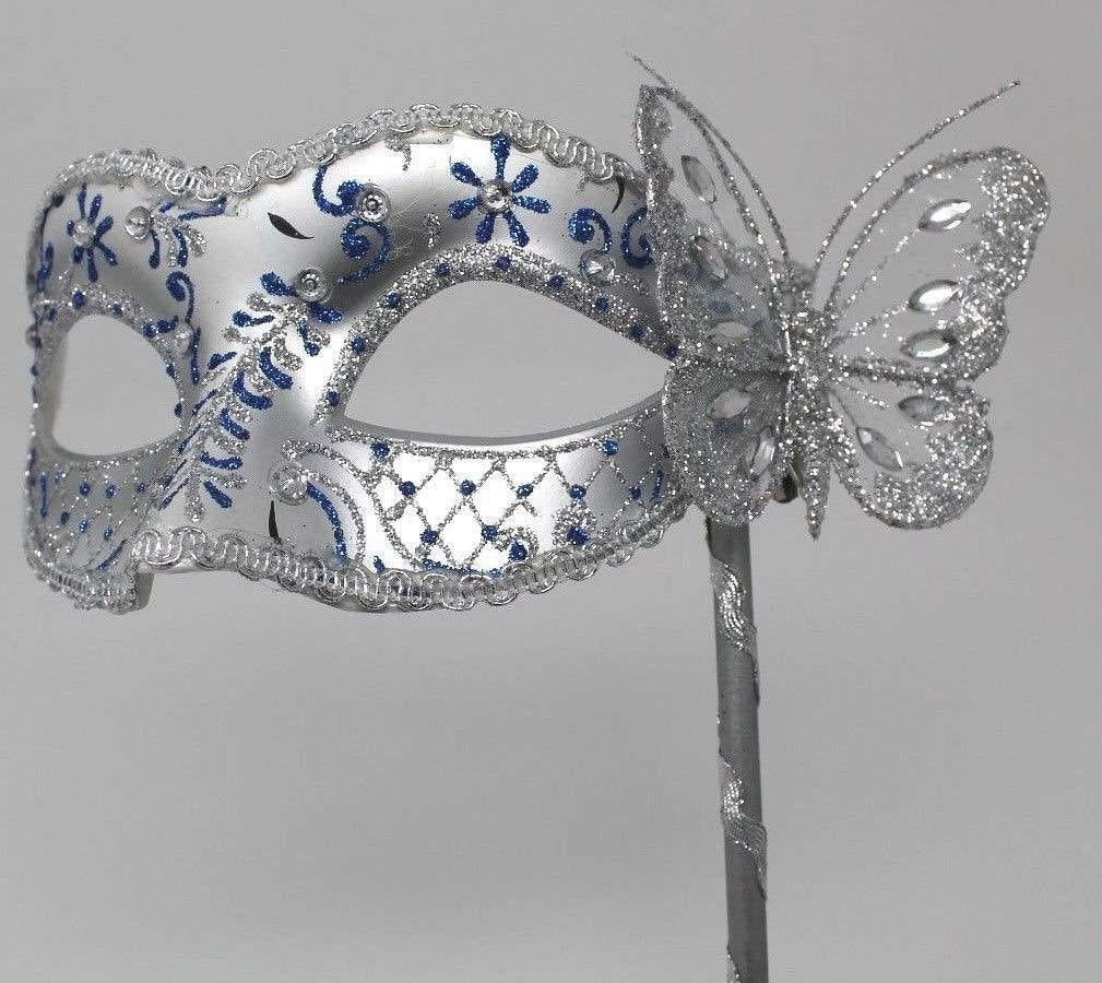 Blue and Silver Butterfly Mask on Stick