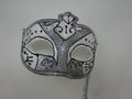 Black  Frosted White and Silver Glitter Mask Hand Held on a Wooden Stick