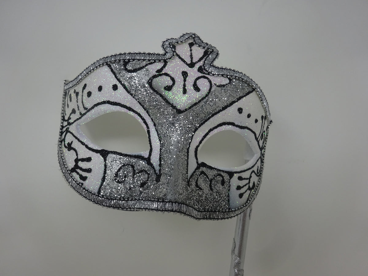 Black  Frosted White and Silver Glitter Mask Hand Held on a Wooden Stick