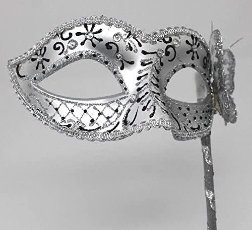 Black and Silver Jewelled Masquerade Prom Party Ball Eye Mask on a Silver Stick with Butterfly Hand Held