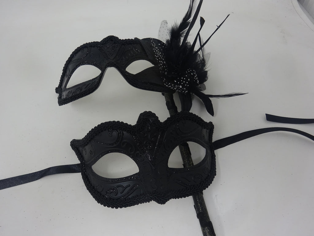 Black His n Hers Couples Masquerade Party Carnival Eye Masks with Flower and Stick