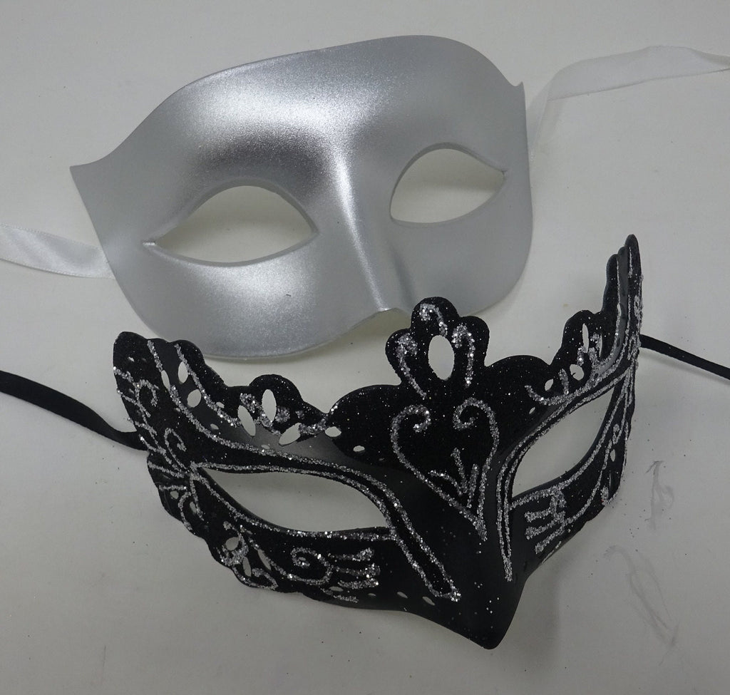 Black and Silver Pair of Male and Female Couples Masquerade Party Ball Prom Masks
