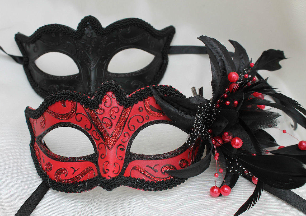 Black & Red Pair of Male and Female Couples Masquerade Masks