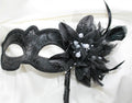 Black Masquerade Mask on a stick with pearl and flower detail