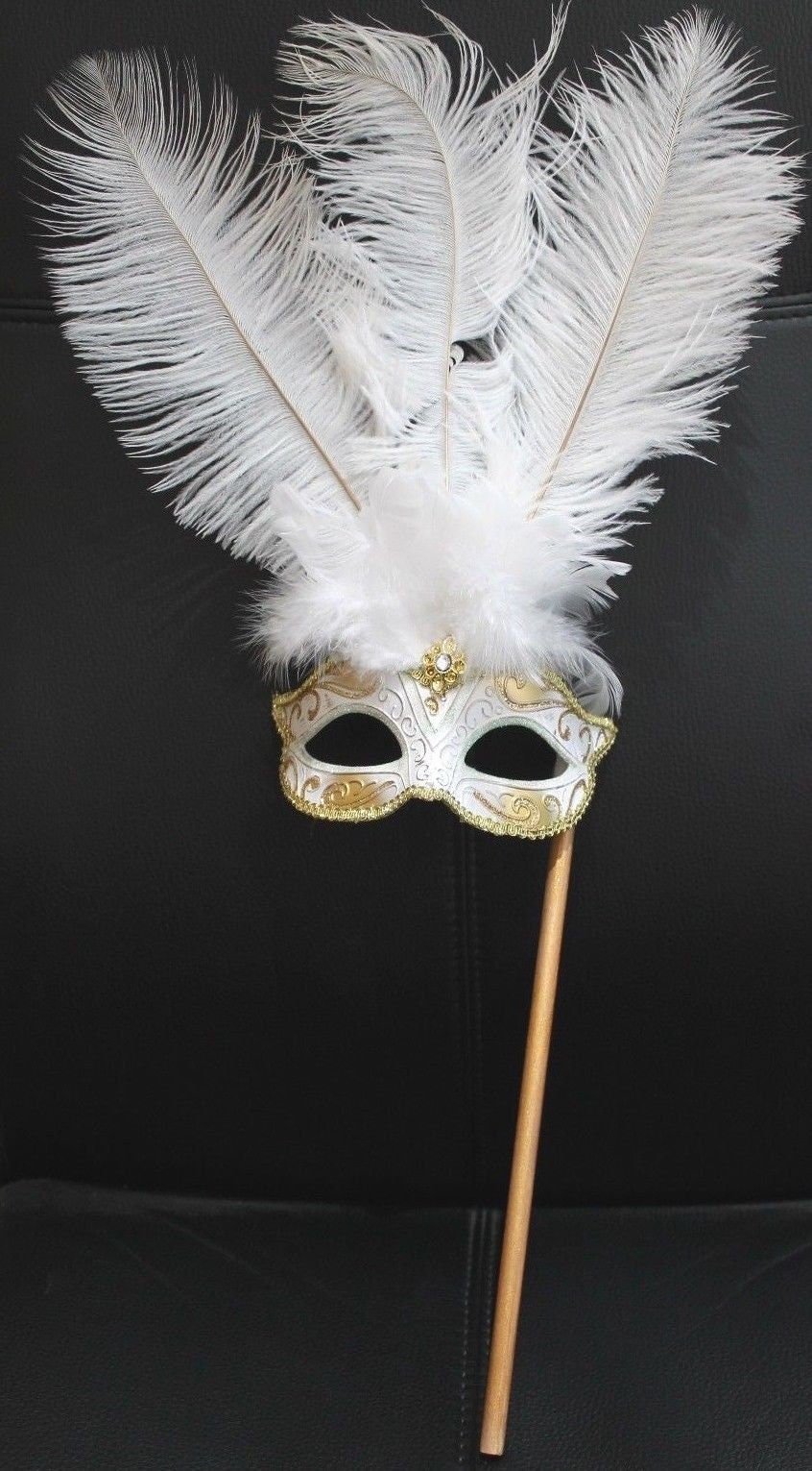 White and Gold Feather Masquerade Mask on a Gold Stick
