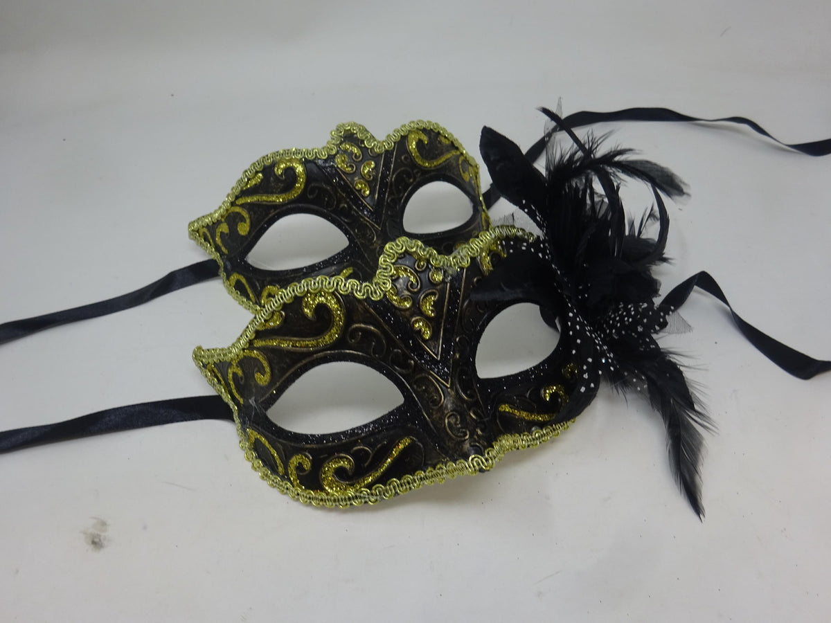 Pair of Couples His and Hers Masquerade Masks in Gold, Black and Bronze with Flower Detail