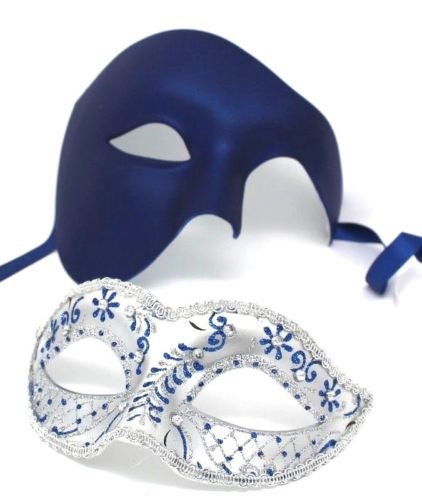 Blue and Silver Phantom His and Hers Couple Masquerade Masks
