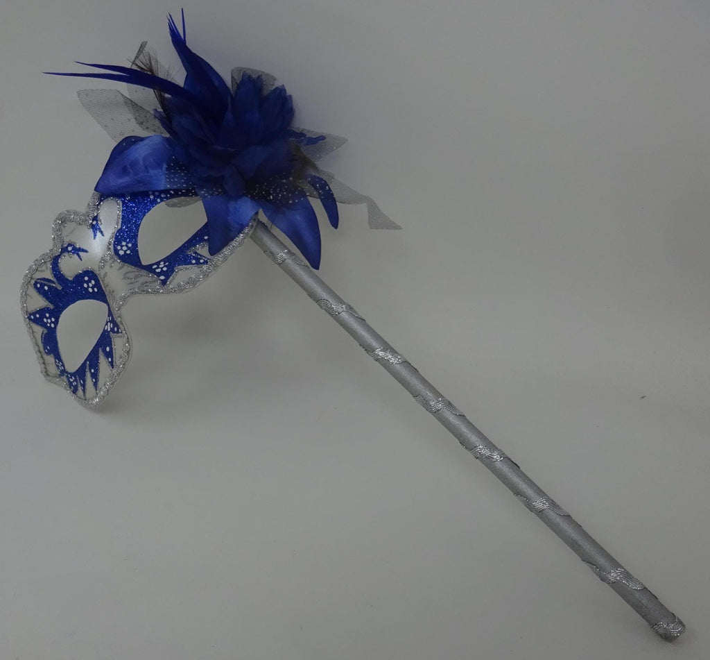 Blue and Silver Swan Lake Party Masquerade Wedding Bridal ball Eye Mask on Stick with Flower