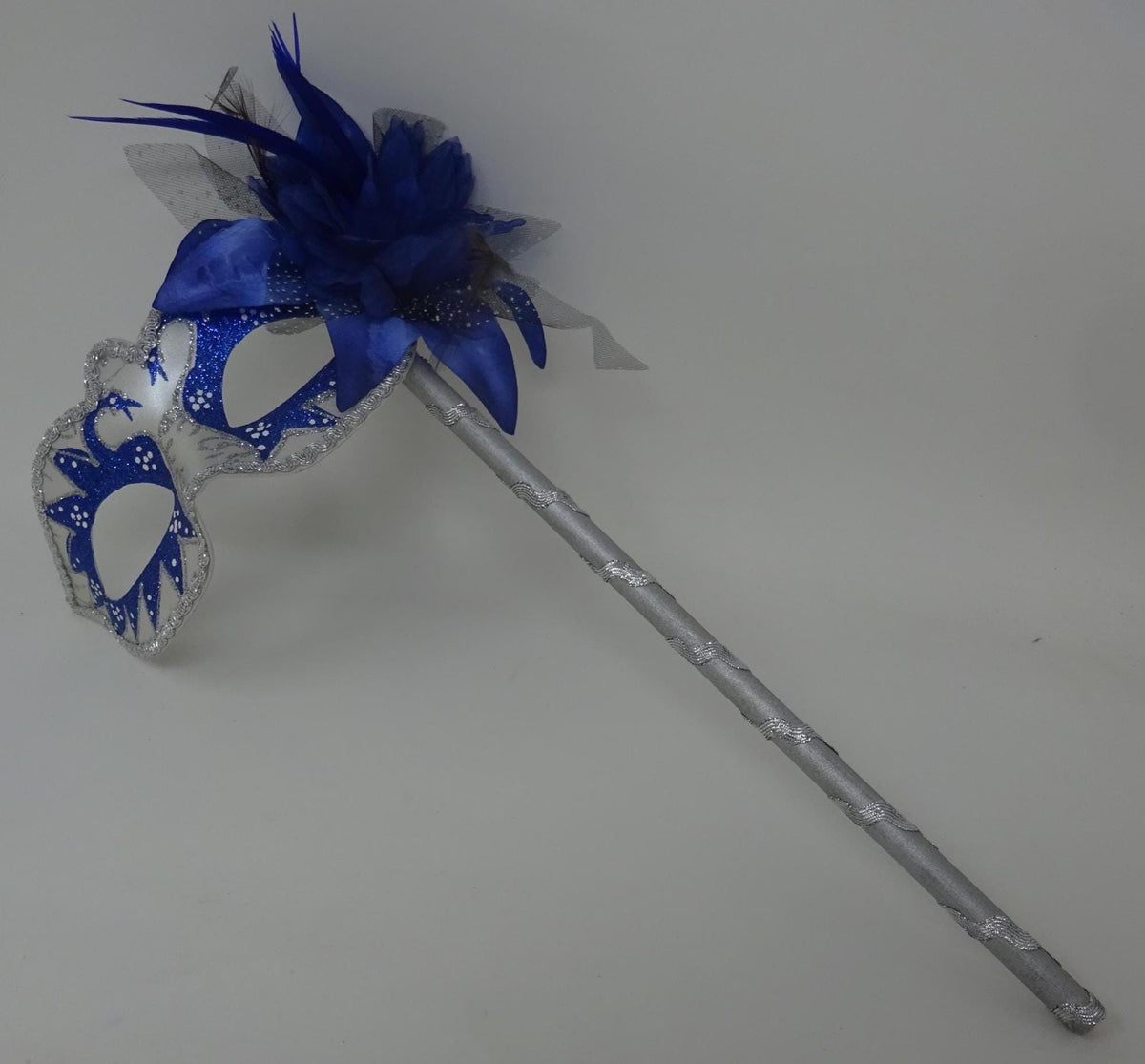 Blue and Silver Swan Lake Party Masquerade Wedding Bridal ball Eye Mask on Stick with Flower