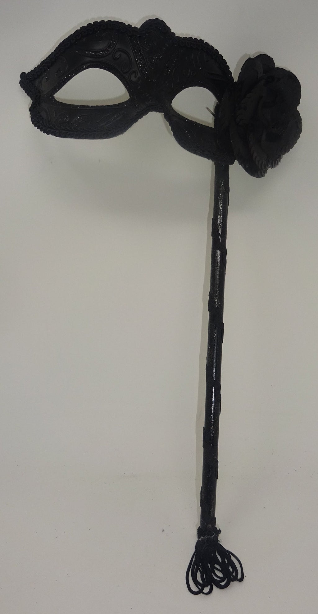 Black Venetian Masquerade Ball Carnival Eye Mask on a Stick with Flower Detail
