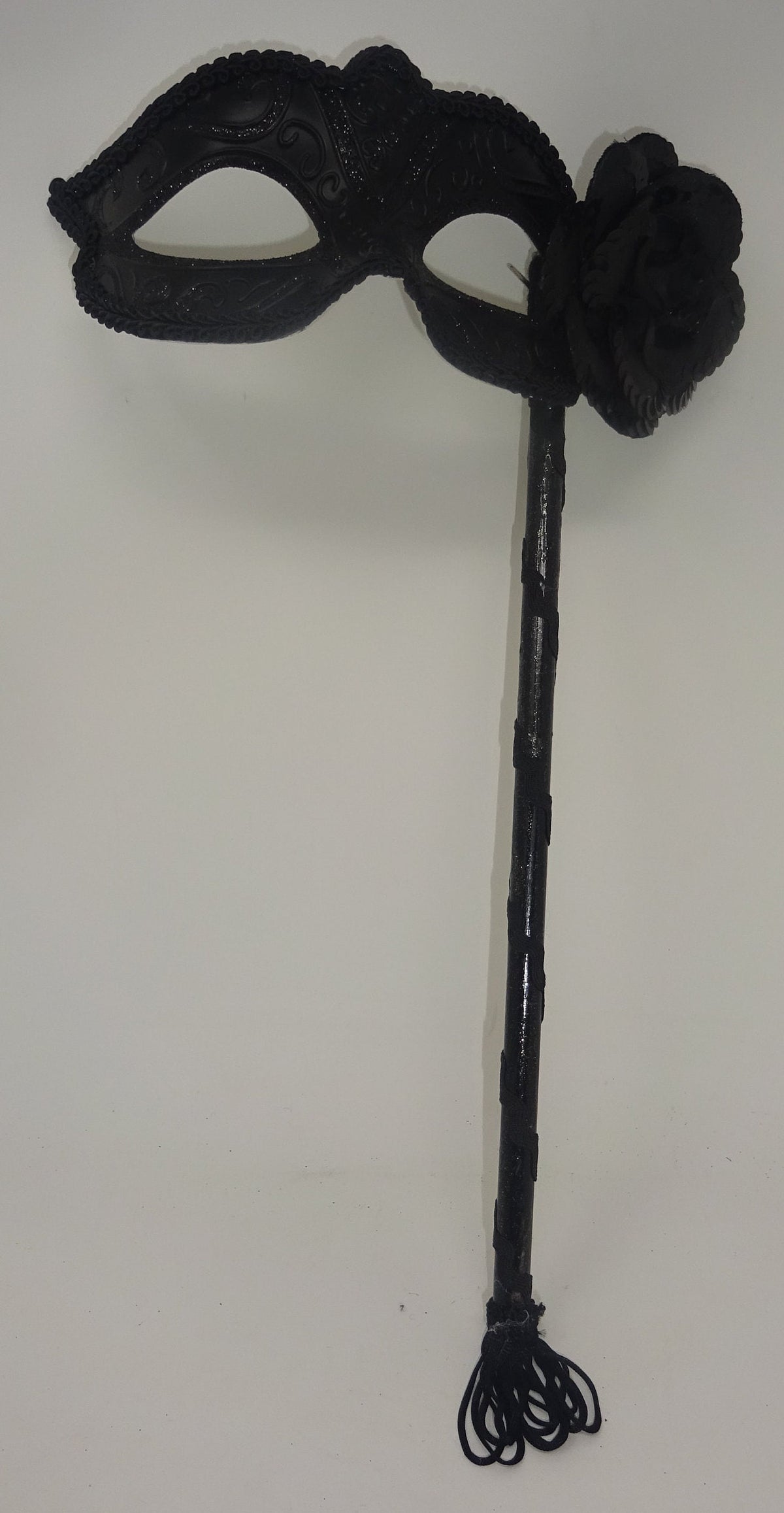 Black Venetian Masquerade Ball Carnival Eye Mask on a Stick with Flower Detail