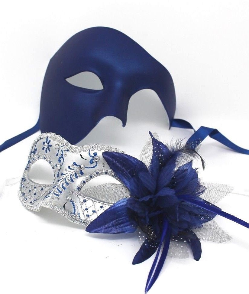 Blue and Silver Flower Phantom His and Hers Couple Masquerade Masks