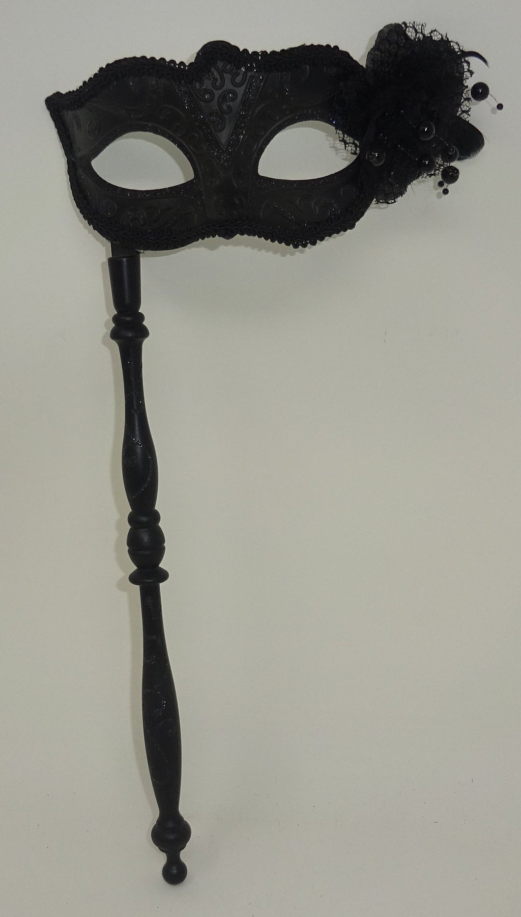 Black Masquerade Mask with Flower for Masked Ball Carnival Party Halloween Hand Held on an Elaborate Stick