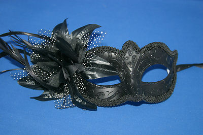 LADIES MIDNIGHT BLACK WITH FLOWER STUNNING VENETIAN MASQUERADE PARTY EYE MASK