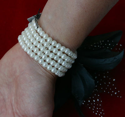 Black Wrist Corsage Fascinator Fabric & Feather Pearlised Wrist Bracelet Funeral