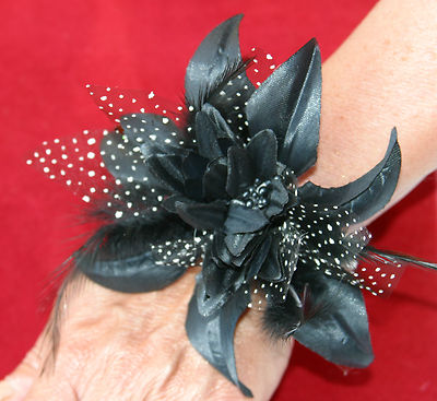 Black Wrist Corsage Fascinator Fabric & Feather Pearlised Wrist Bracelet Funeral