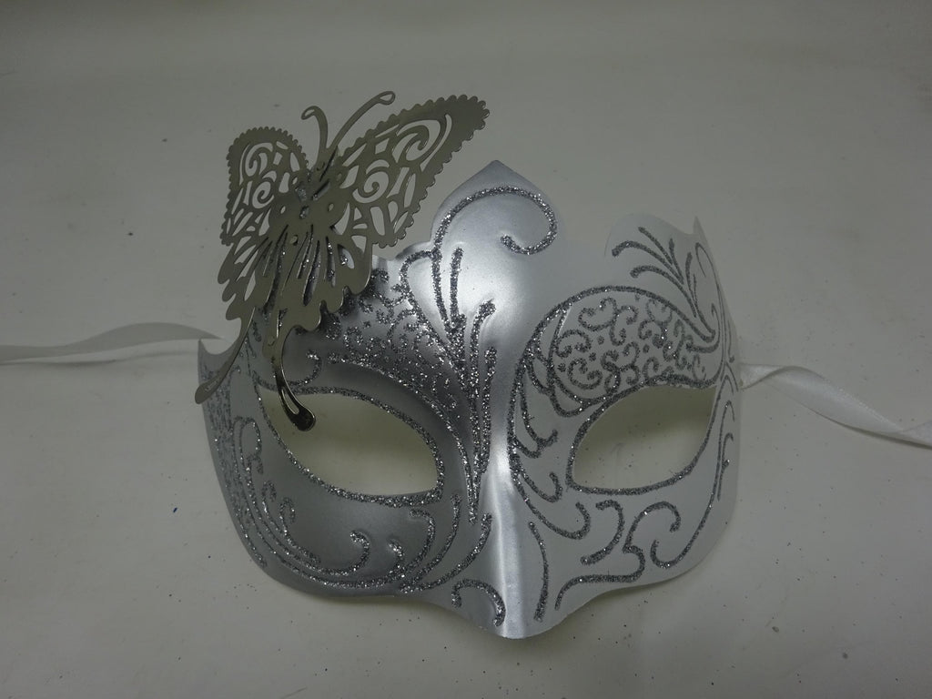 White & Silver Venetian Masquerade Party Prom Ball Carnival Mask with Silver Metal Butterfly