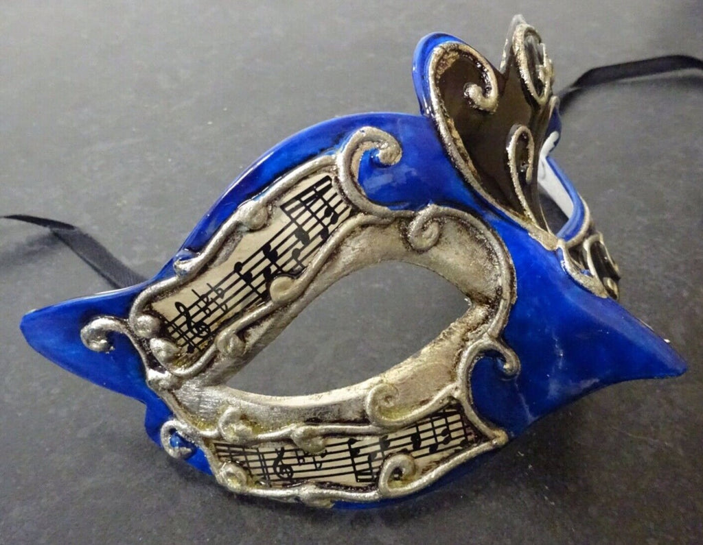 Blue Silver and Black Musical Venetian Masquerade Mask for Masked Ball with Musical Notes Script