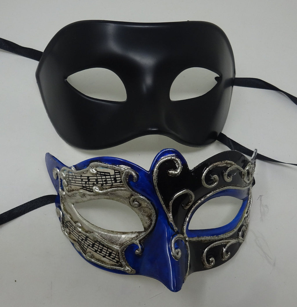 Musical Script Black Silver and Blue His and Hers Couples Pair of Masquerade Party Ball Carnival Masks