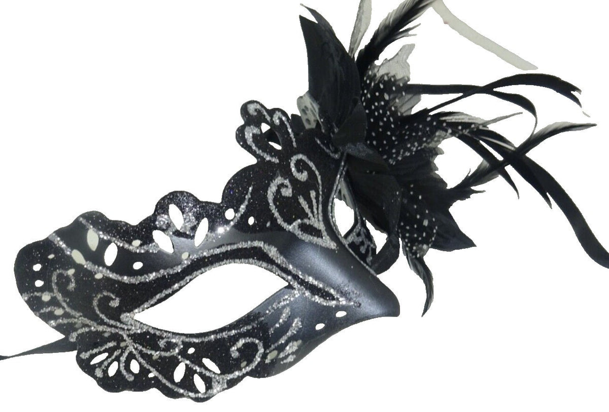 Black and Silver Rialto Masquerade Mask with Flower for Masked Ball Carnival Party Halloween
