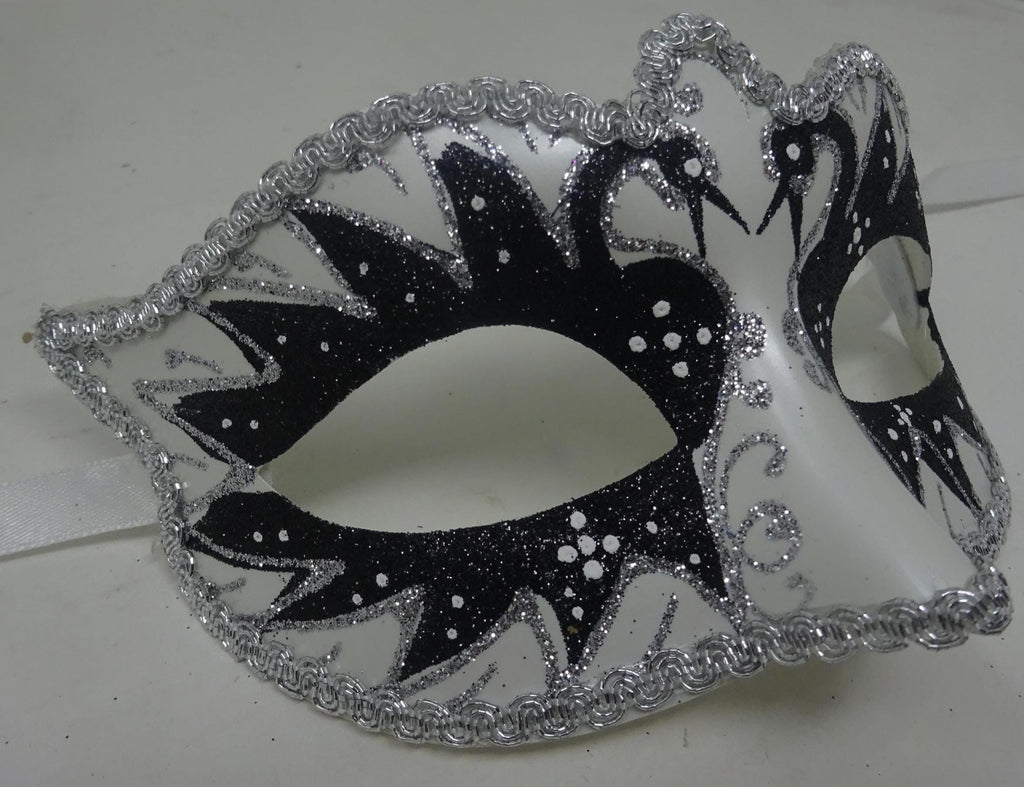 Black and Pearlised White Swan Lake Design Glitter Masquerade Mask
