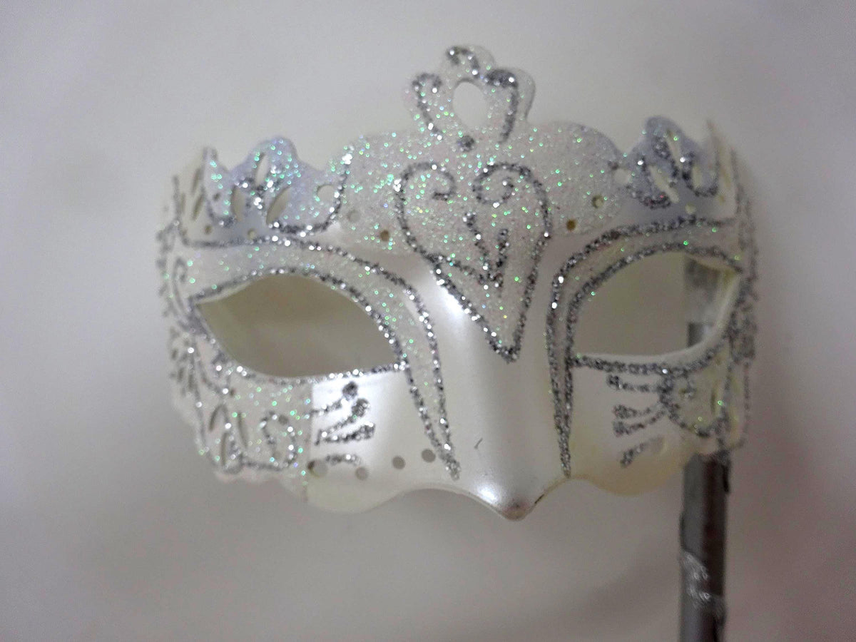 Ladies White and Silver Masquerade Party Carnival Ball Mask Hand Held on a Wooden Stick