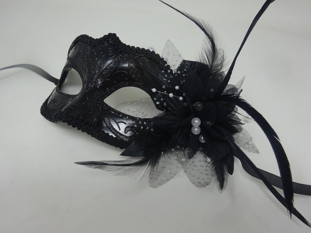 Ladies Gloss Black Masquerade Mask with Flower Feather Beads and Organza Detail