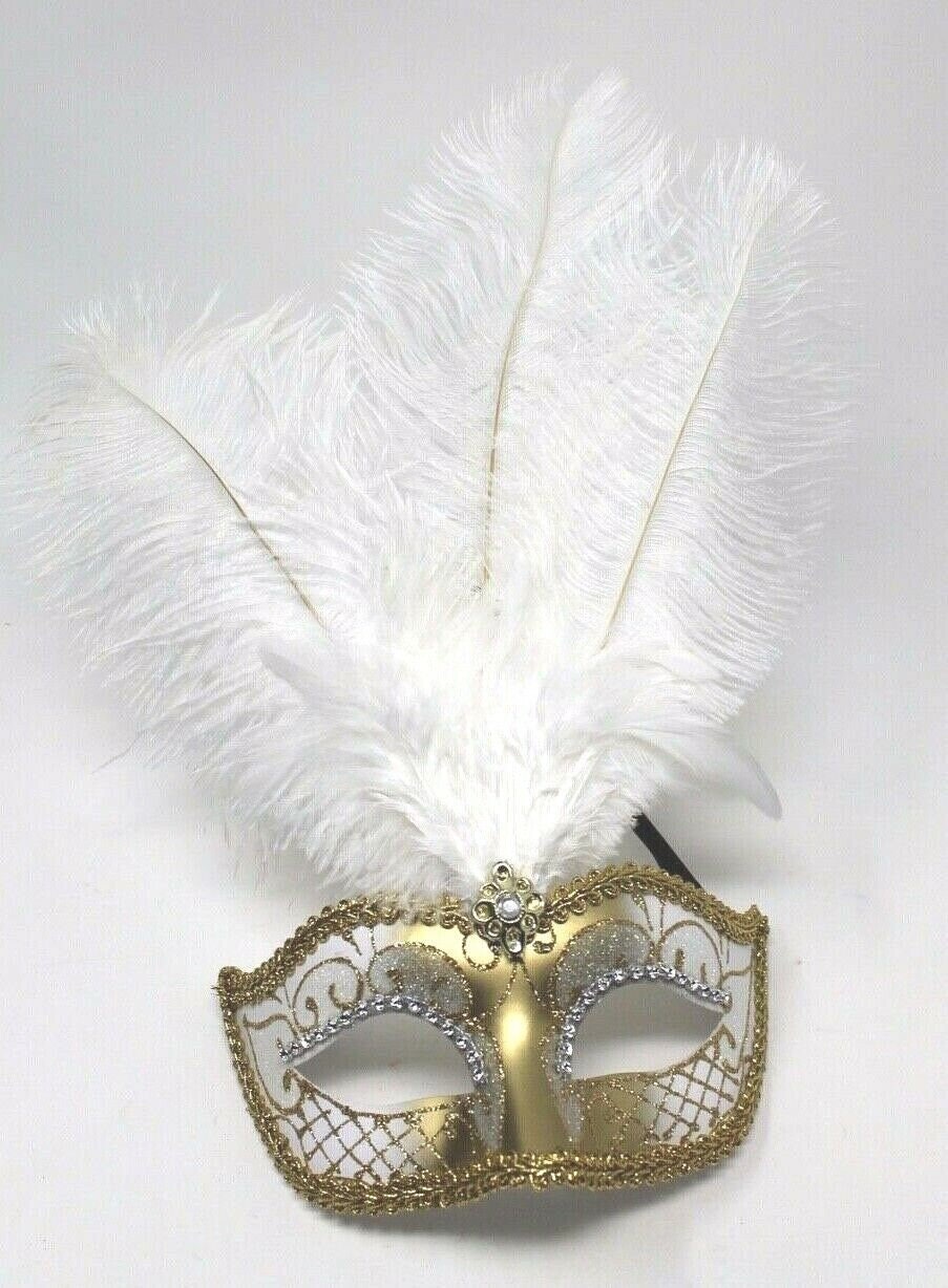 White and Gold Feather Masquerade Party Ball Carnival Mask