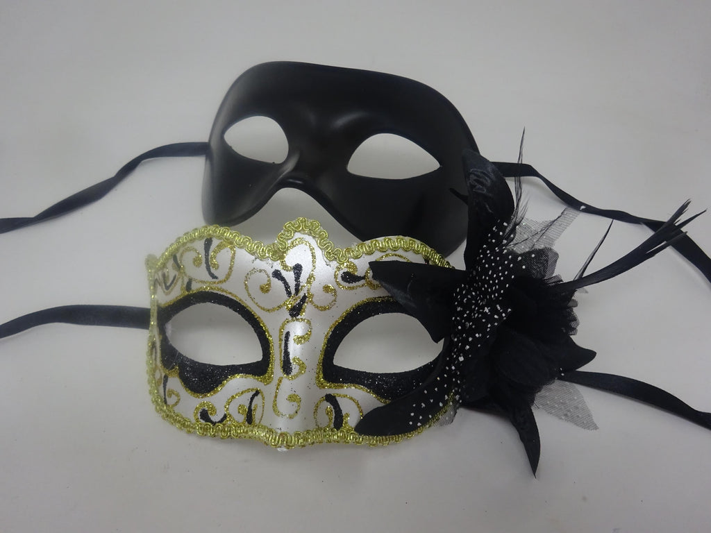 Quality Black and Gold Swirl Pair of Couples His and Hers Masquerade Masks