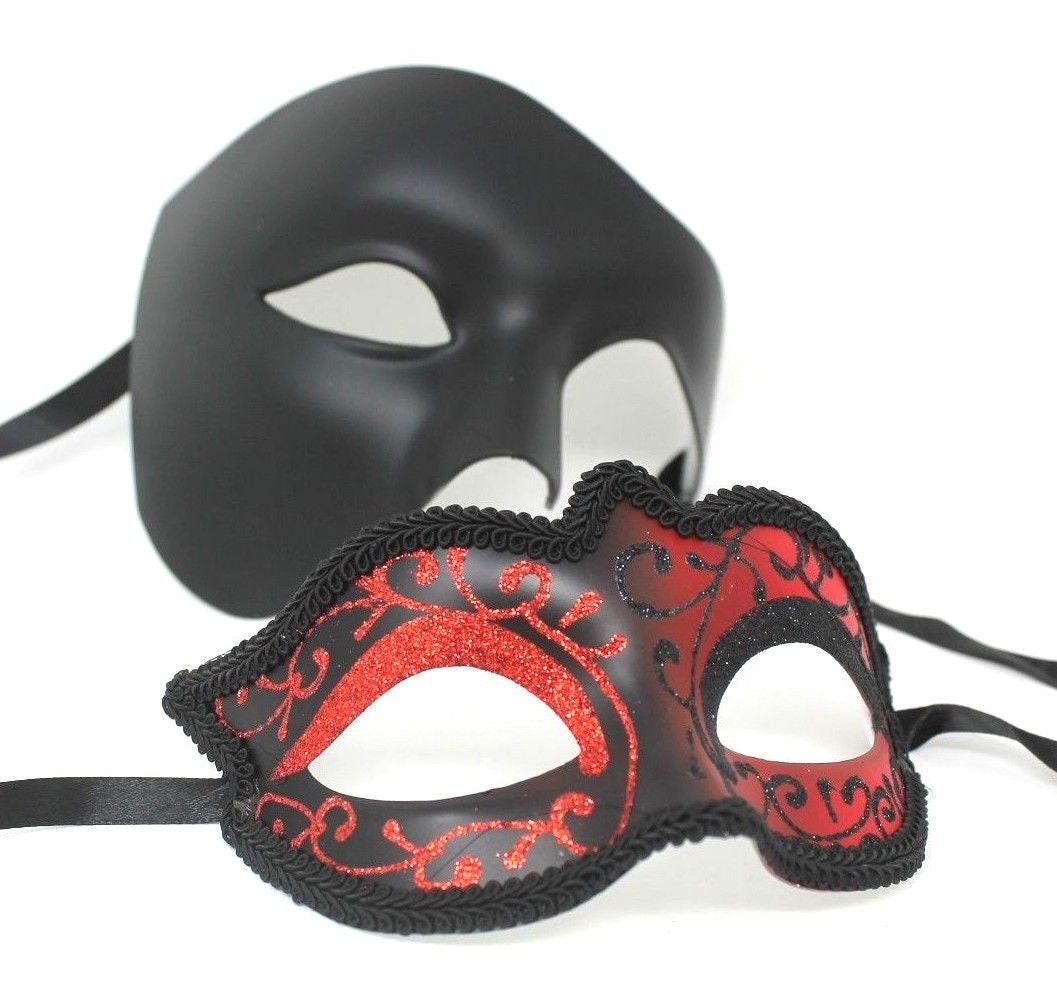 Black & Red Phantom Pair of Male and Female Couples Masquerade Masks