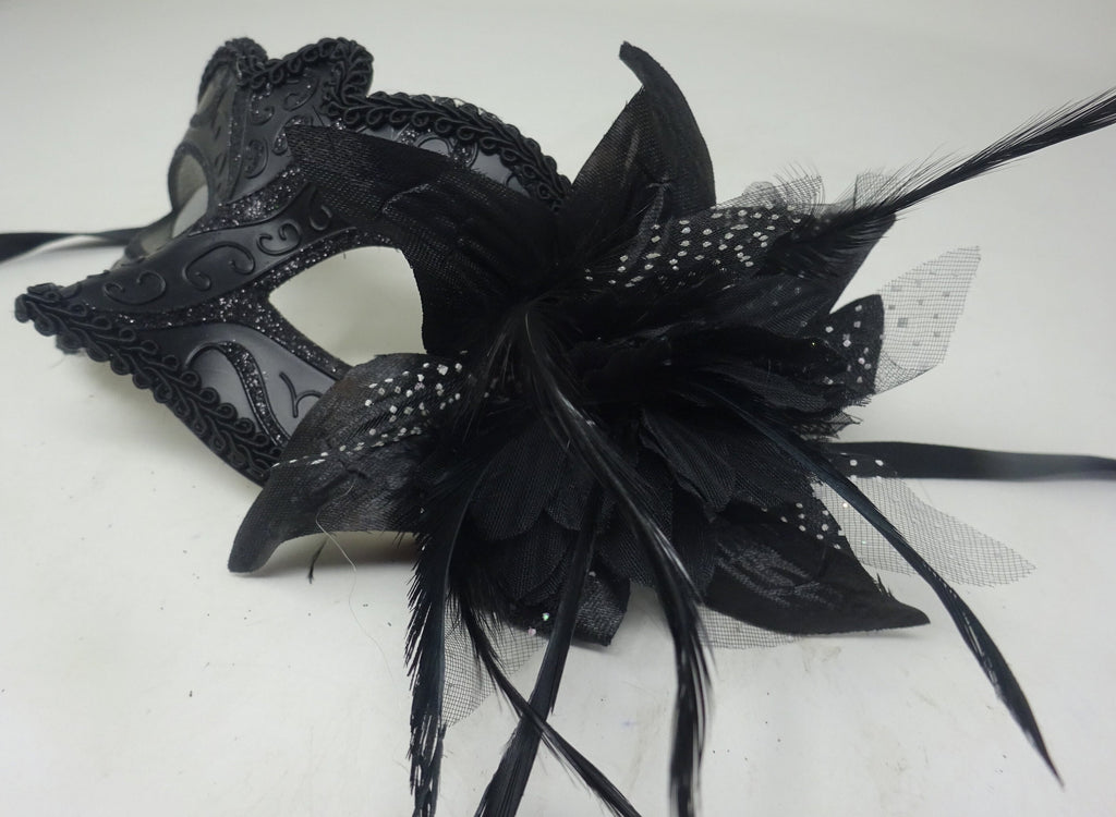 Ladie Black Masquerade Mask with Flower and Feather Detail
